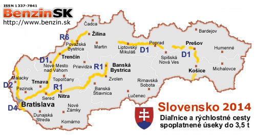 Mapa Slovensko - spoplatnene dialnicne useky a rychlostne cesty 2013, do 3.5t